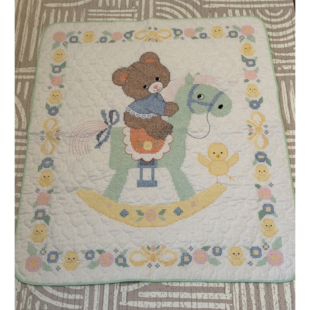 Handmade Baby Cross Stitch Quilt Vintage Teddy Bear Rocking Horse Yellow Chick